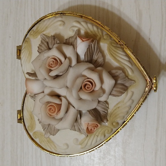 Other - Vintage Bisque Porcelain Jewelry Box With Roses and Gold Trimming